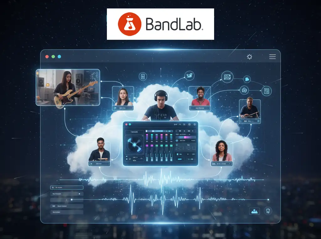A glowing BandLab digital audio workstation interface, featuring collaborative musician profiles and a waveform, floats above a futuristic city, symbolizing cloud-based music creation and sharing.