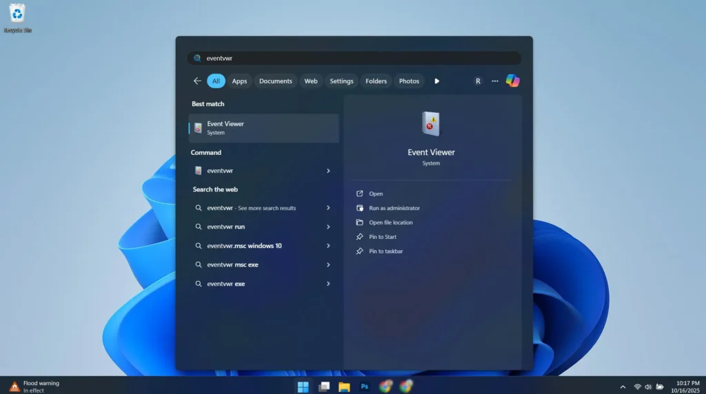 Accessing Event Viewer by typing eventvwr in the Start menu search box