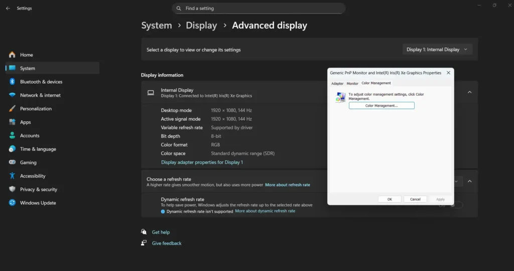 Accessing Windows Color Management Step 2 - Open Display adapter properties - Color Management.