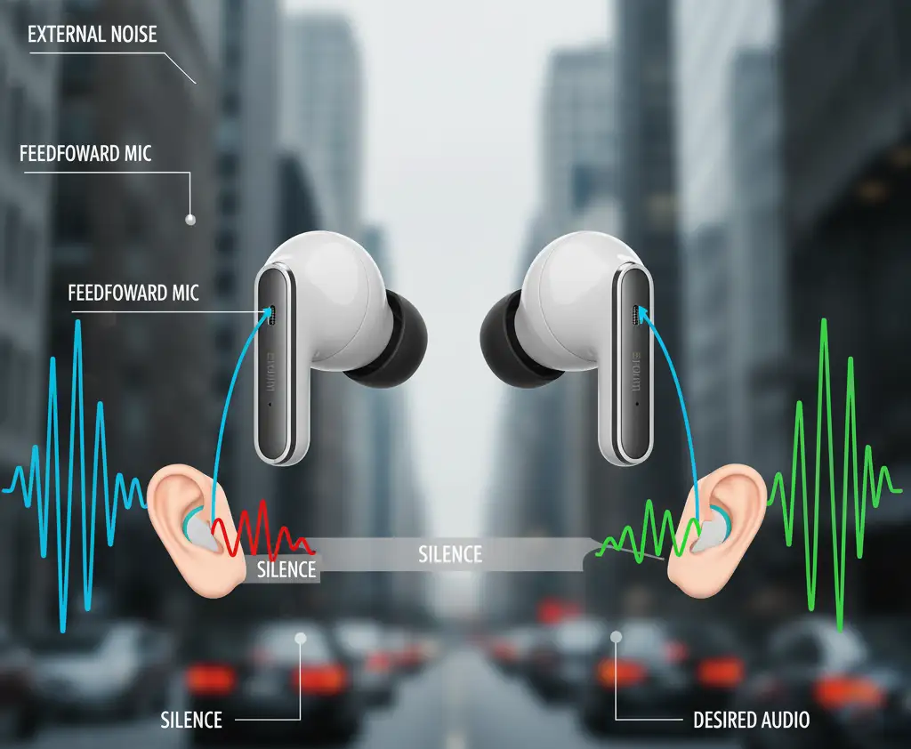 Active Noise Cancellation (ANC) diagram for earbuds. A microphone picks up external noise (blue wave). An ANC Processor generates an anti-phase signal (red wave) that is the mirror opposite. The red and blue waves combine to create silence in the user's ear, allowing only the desired audio (green wave) to be heard clearly against a background of city traffic.