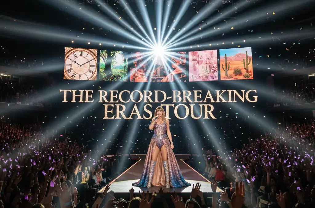 An electrifying wide shot captures Taylor Swift in a dazzling, sequined gown, center stage under a brilliant starburst of spotlights.