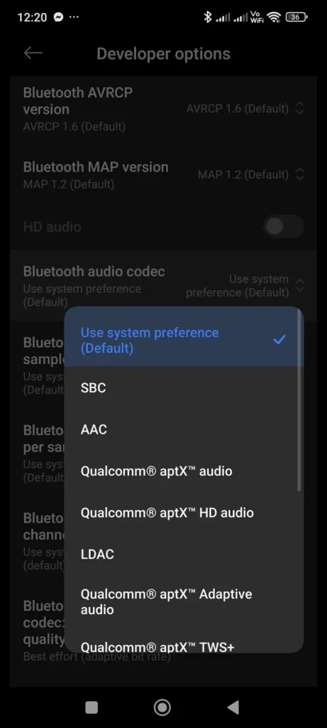 Android Bluetooth audio codec settings