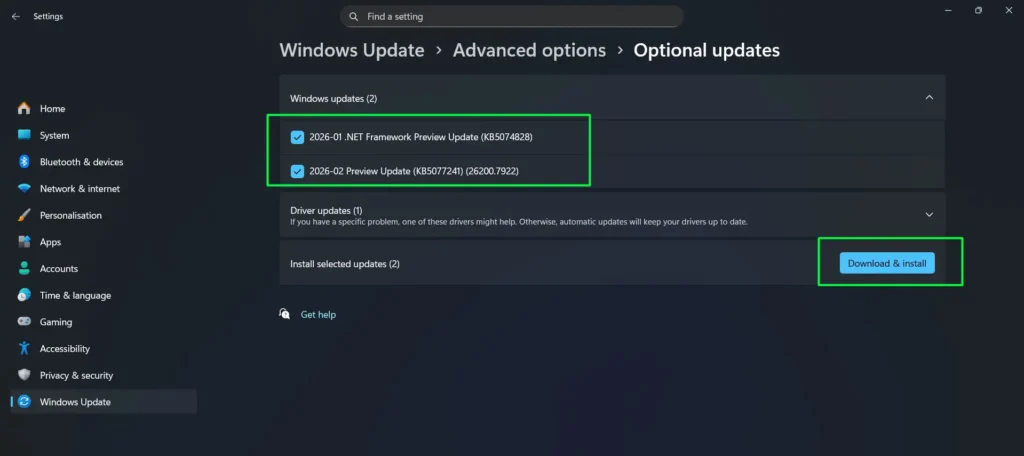 Check the box next to any Bluetooth-related driver updates then Click ‘Download & install’