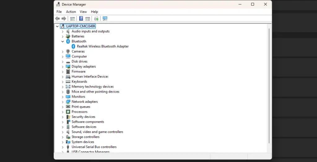 Checking current Bluetooth adapters on Device Manager