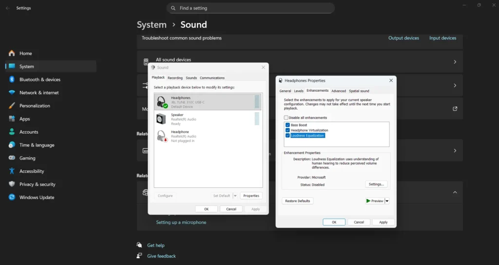 Common enhancements include bass boost, virtual surround, loudness equalization, and room correction