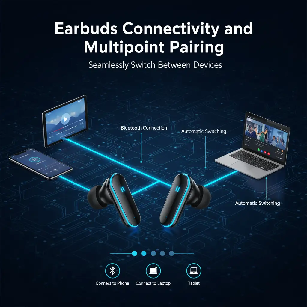 Conceptual diagram of Multipoint Pairing for earbuds. The image shows a single pair of wireless earbuds simultaneously connected via dotted lines to two separate devices: a smartphone and a laptop. A text overlay indicates the function, showing the seamless switching of audio streams between the two connected sources for improved user convenience.