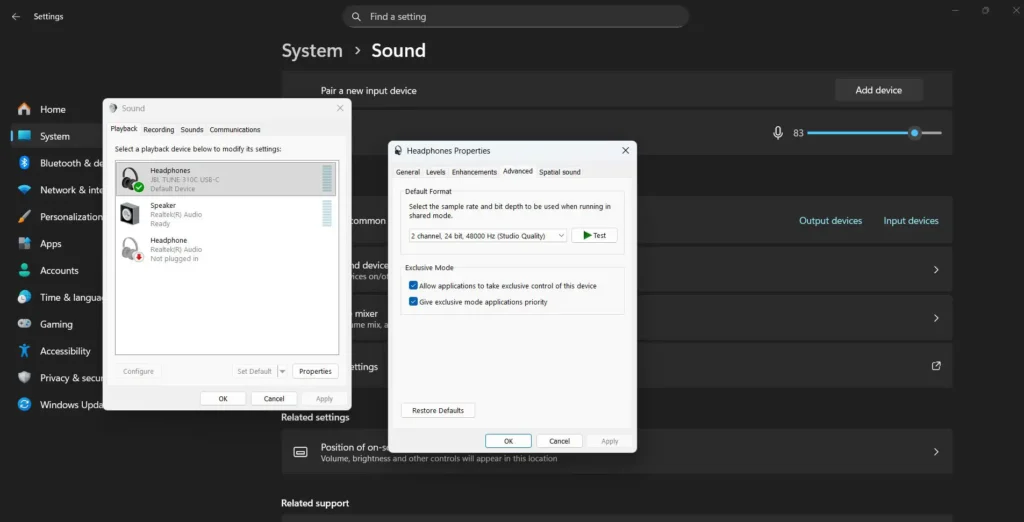 Configure Windows to use the highest quality audio format supported by your hardware through Settings - System - Advanced -More Sound Settings - Playback devices - Properties - Advanced