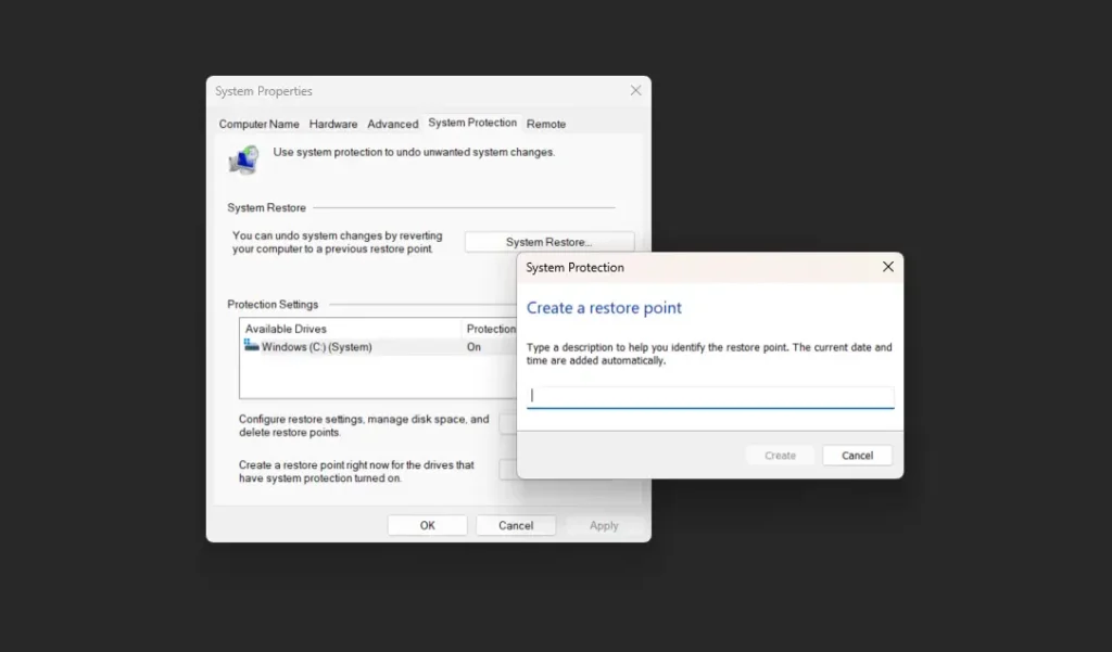 Creating a system restore point as a safety measure on Windows