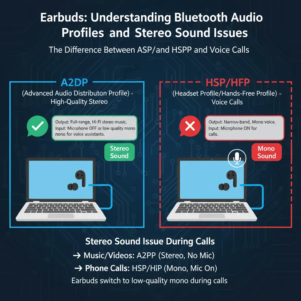 Diagram illustrating Bluetooth Audio Profiles (A2DP vs. HSP/HFP) and resulting sound issues with earbuds. The image shows a laptop wirelessly connected to a pair of earbuds. It highlights the difference between the A2DP profile (represented by a wide pipe of data labeled "High-Quality Stereo Audio") and the HSP/HFP profile (represented by a thin pipe labeled "Low-Quality Mono/Headset Mode"), explaining that the lower-quality profile is activated when the microphone is in use, which causes the perceived "stereo sound issues."