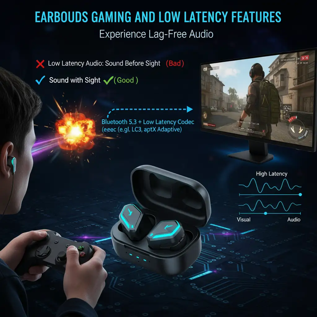 Diagram illustrating Earbuds Gaming and Low Latency Features. A person wearing gaming earbuds is shown holding a controller, intensely focused on a first-person shooter game displayed on a monitor. The image highlights the importance of low latency audio for gaming, showing a direct connection between an in-game explosion and the synchronized sound wave, contrasted with an explanation of high latency (visual and audio out of sync). It also references Bluetooth 5.3 + Low Latency Codecs like LC3 and aptX Adaptive for a lag-free audio experience.