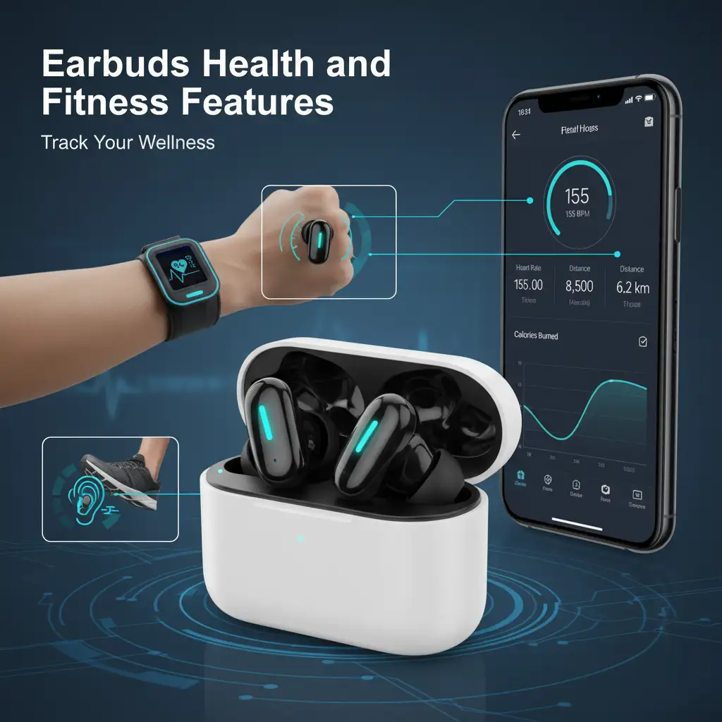 Diagram illustrating Earbuds Health and Fitness Features. The image prominently features a pair of wireless earbuds in their charging case, with one earbud shown being worn in an ear. Connected via dotted lines are a smartphone displaying a fitness tracking app (showing heart rate, steps, distance, and calories burned) and a smartwatch, emphasizing how earbuds can integrate with other devices to monitor health metrics during activities like running (depicted by a foot graphic).