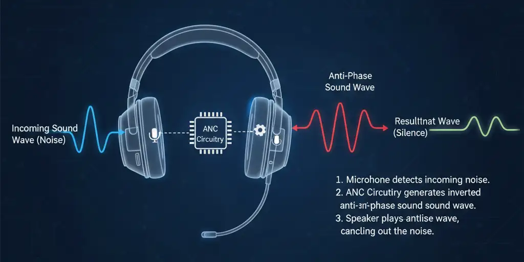 Diagram showing the three steps of Active Noise-Cancelling (ANC): a microphone detects noise, ANC circuitry generates an inverted anti-phase wave, and the speaker plays the anti-wave to cancel the noise, resulting in silence.