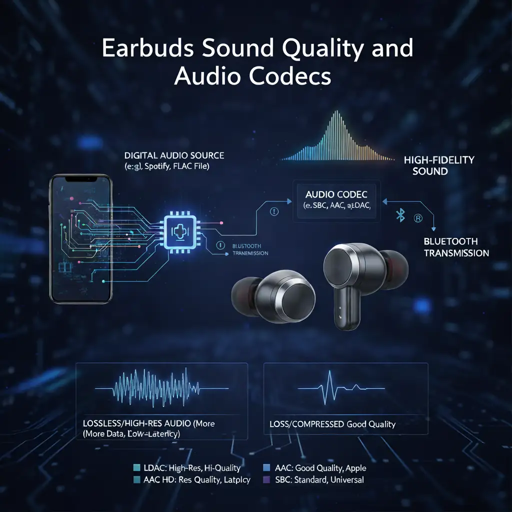 Diagram illustrating the concept of Audio Codecs and Sound Quality for earbuds. The image shows a smartphone wirelessly transmitting high-fidelity digital audio data (represented by large, colorful blocks) to an earbud. An internal chipset, labeled as the Audio Codec Processor, is shown decompressing the data stream to ensure the highest possible Sound Quality is delivered to the user's ear.
