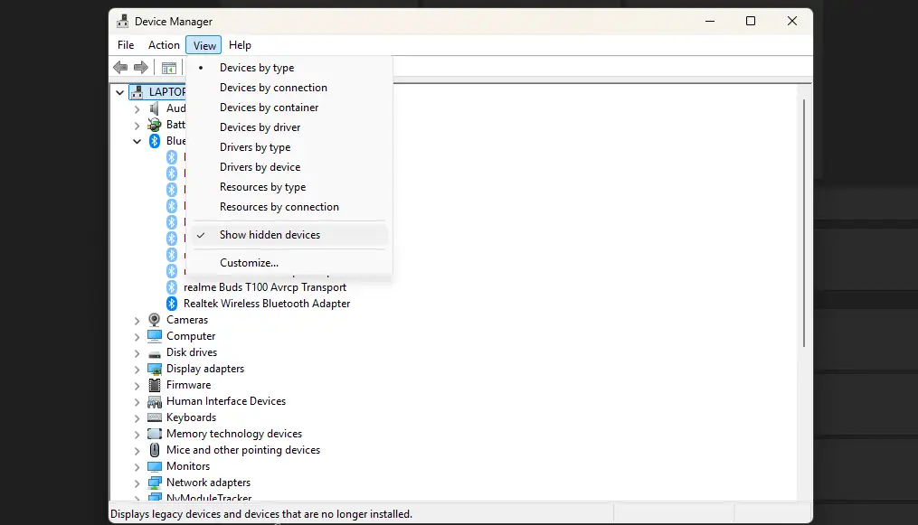 Enabling Show hidden devices in Device Manager