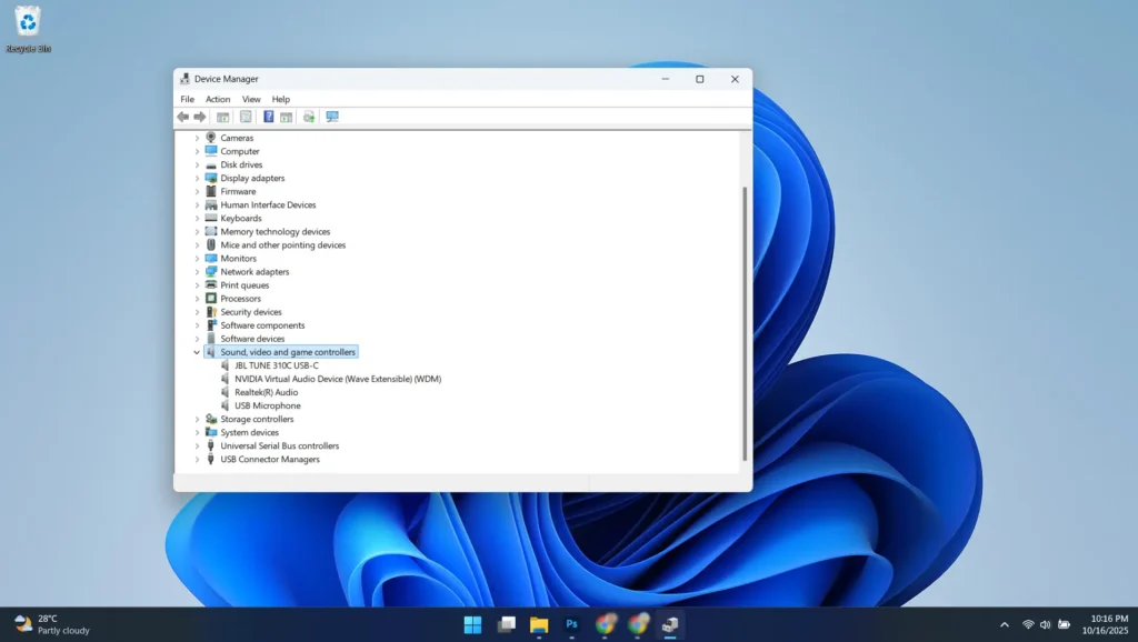 Expand the Sound, video and game controllers section to examine your audio devices' status and configuration.