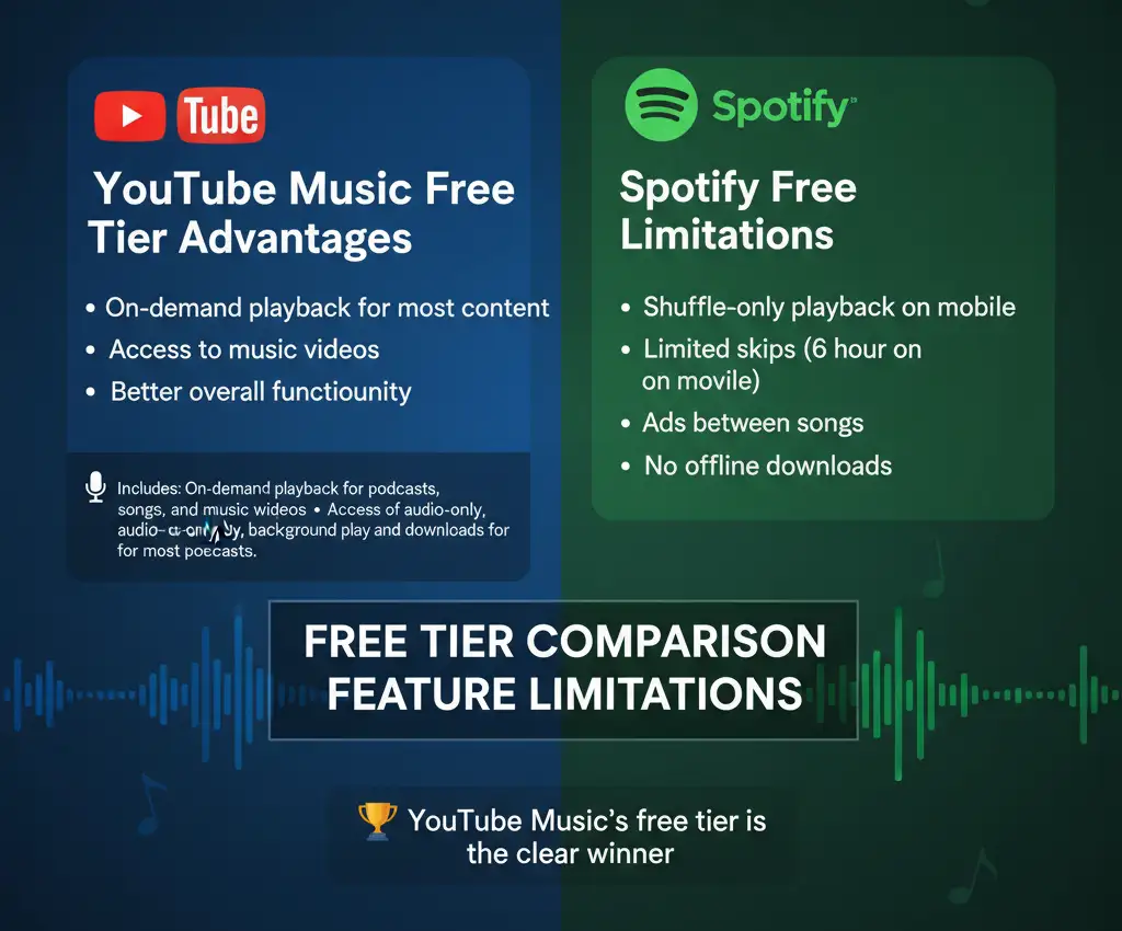 Infographic comparing free tier features of YouTube Music and Spotify. YouTube Music advantages include on-demand playback, music videos, and better functionality. Spotify limitations include shuffle-only mobile playback, limited skips, ads, and no offline downloads. Concludes YouTube Music's free tier is the winner.