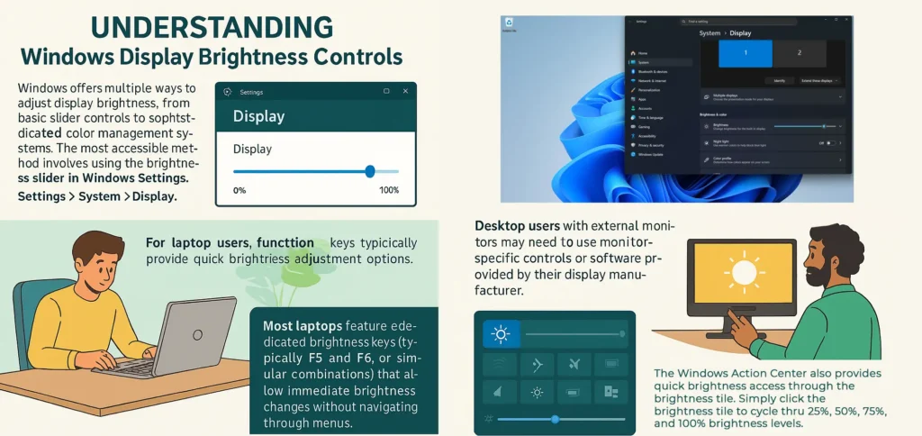 Infographic illustrating four methods to adjust Windows display brightness - settings slider, laptop function keys, external monitor controls, and Action Center brightness tile.