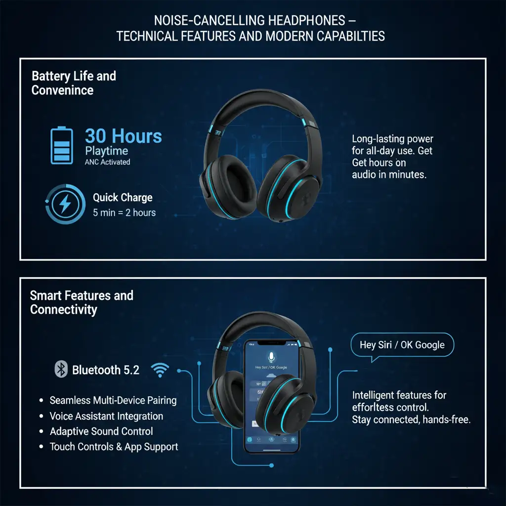 Infographic on modern noise-cancelling headphone features, highlighting 30-hour battery life, quick charge, Bluetooth 5.2, voice assistant integration, touch controls, and app support for seamless connectivity and smart interaction.