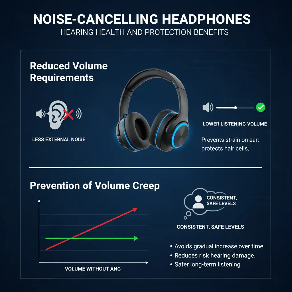 Infographic on noise-cancelling headphone benefits for hearing health: it shows how reduced external noise allows for lower listening volumes, preventing ear strain. It also illustrates how ANC prevents 'volume creep' (gradual increase over time), promoting consistent, safe listening levels.