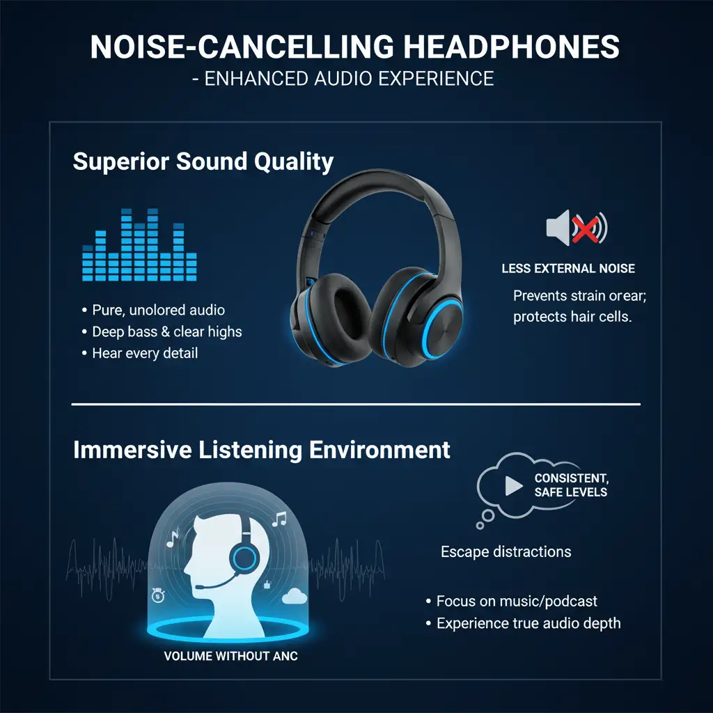 Infographic on noise-cancelling headphones' enhanced audio experience, showing how they provide superior sound quality with clear details and create an immersive, distraction-free listening environment.