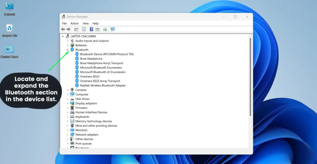 Locate and expand the Bluetooth section in the device list