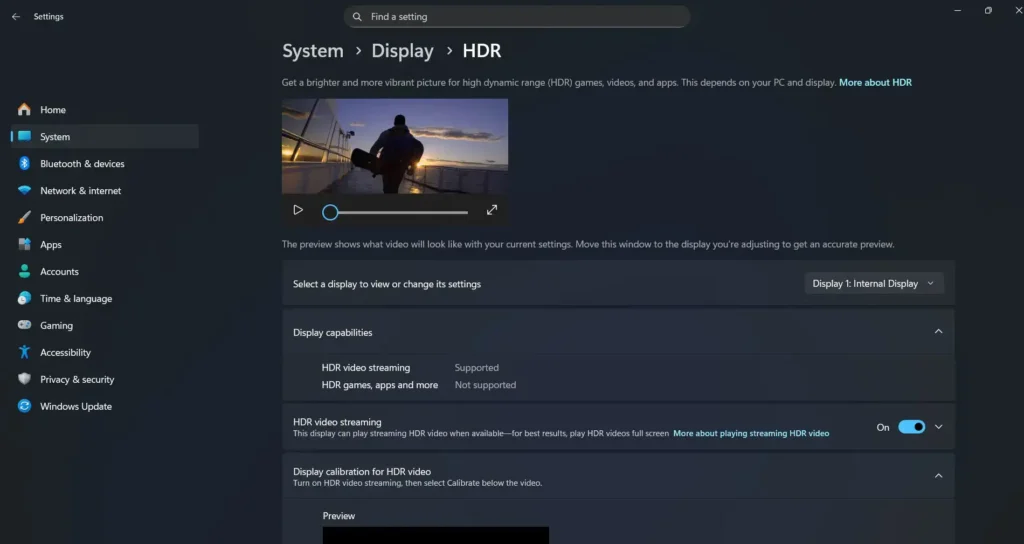 Navigate to Settings - System - Display and look for Use HDR