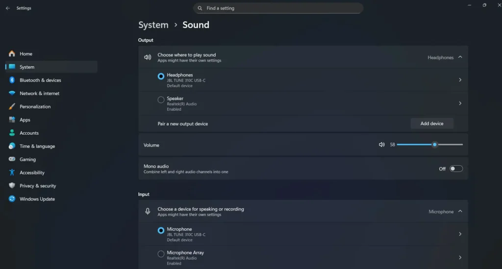 Navigate to Settings - System - Sound to access Windows' primary audio configuration interface.