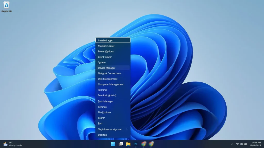 Pressing Windows + X and selecting Device Manager