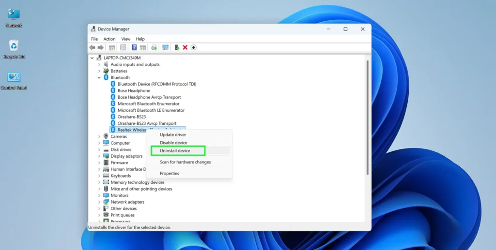Right-click on your Bluetooth adapter and Select ‘Uninstall device’