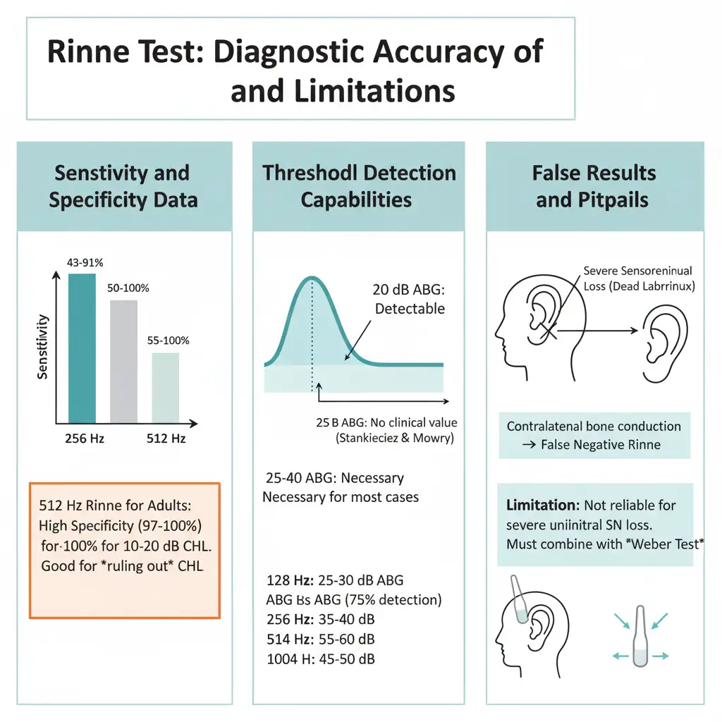 This infographic, "Rinne Test: Diagnostic Accuracy and Limitations," summarizes the test's performance, noting its high 97-100% specificity for ruling out 10-20 dB conductive hearing loss (CHL) in adults, while cautioning that a minimum 25 dB air-bone gap (ABG) is needed for clinical value and that the risk of a false negative in severe unilateral sensorineural loss requires the combined use of the Weber test.