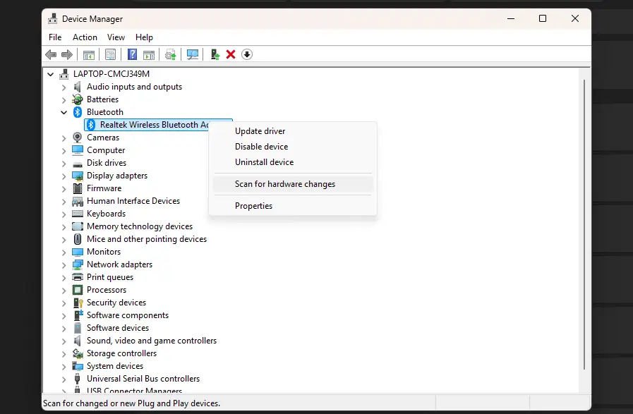 Scanning Bluetooth adapter for hardware changes on Device Manager