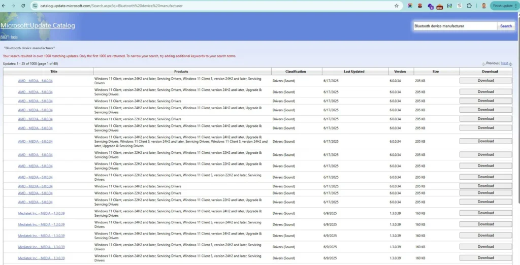 Searching Bluetooth device manufacturer on Microsoft Update Catalog