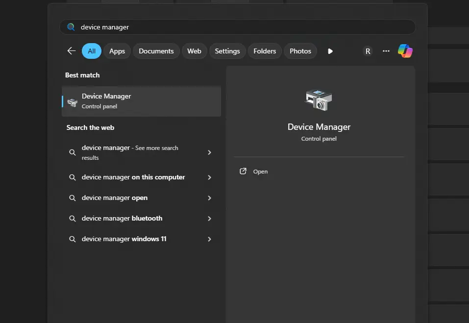 Searching on Device Manager on Windows Starts