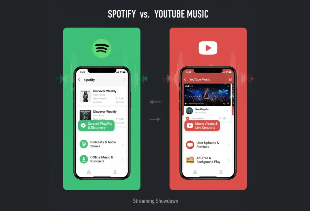 Side-by-side comparison of Spotify (highlighting playlists, podcasts, and offline mode) and YouTube Music (emphasizing music videos, live concerts, user uploads, and ad-free play) on smartphone interfaces.
