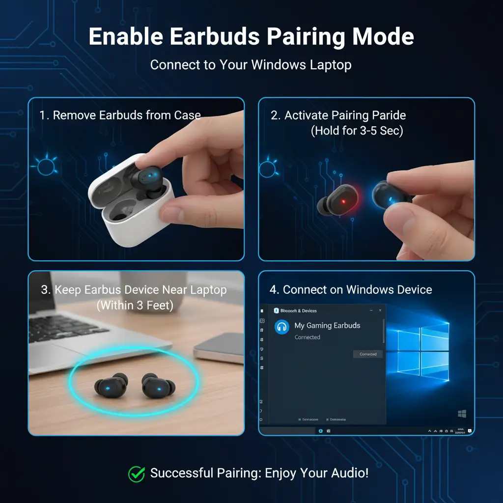 Step-by-step visual guide on placing earbuds into pairing mode for connection with a Windows laptop. The image shows an open earbud case with the earbuds removed and placed near a laptop displaying the Bluetooth settings screen. Arrows indicate the required actions: removing the earbuds from the case, activating their pairing mode (indicated by blinking blue LEDs), and keeping them in close proximity (within 3 feet) to the device to ensure successful connection.