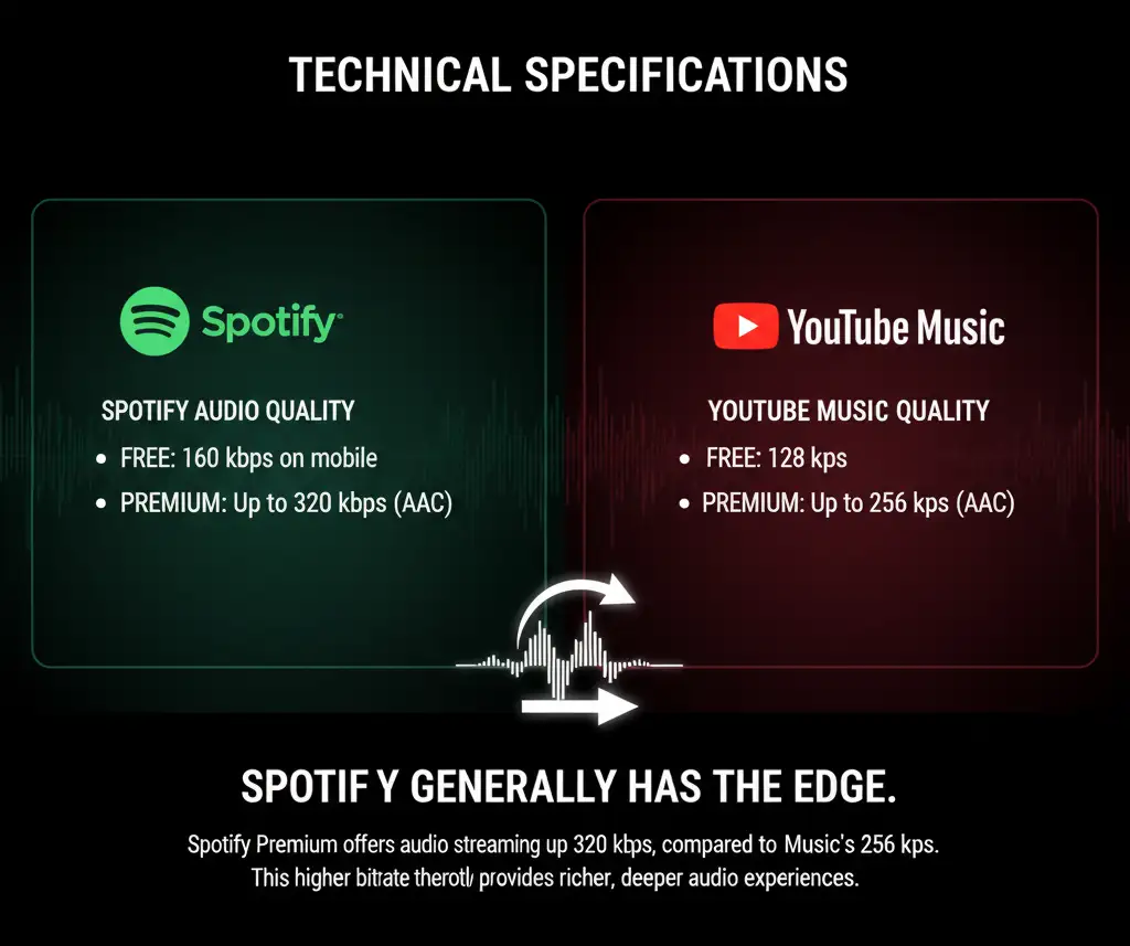 Technical specifications comparison graphic for Spotify and YouTube Music sound quality. Spotify Premium offers up to 320 kbps (AAC), while YouTube Music Premium offers up to 256 kbps (AAC). Free tiers are 160 kbps (Spotify mobile) and 128 kbps (YouTube Music). The graphic concludes that Spotify generally has the edge.