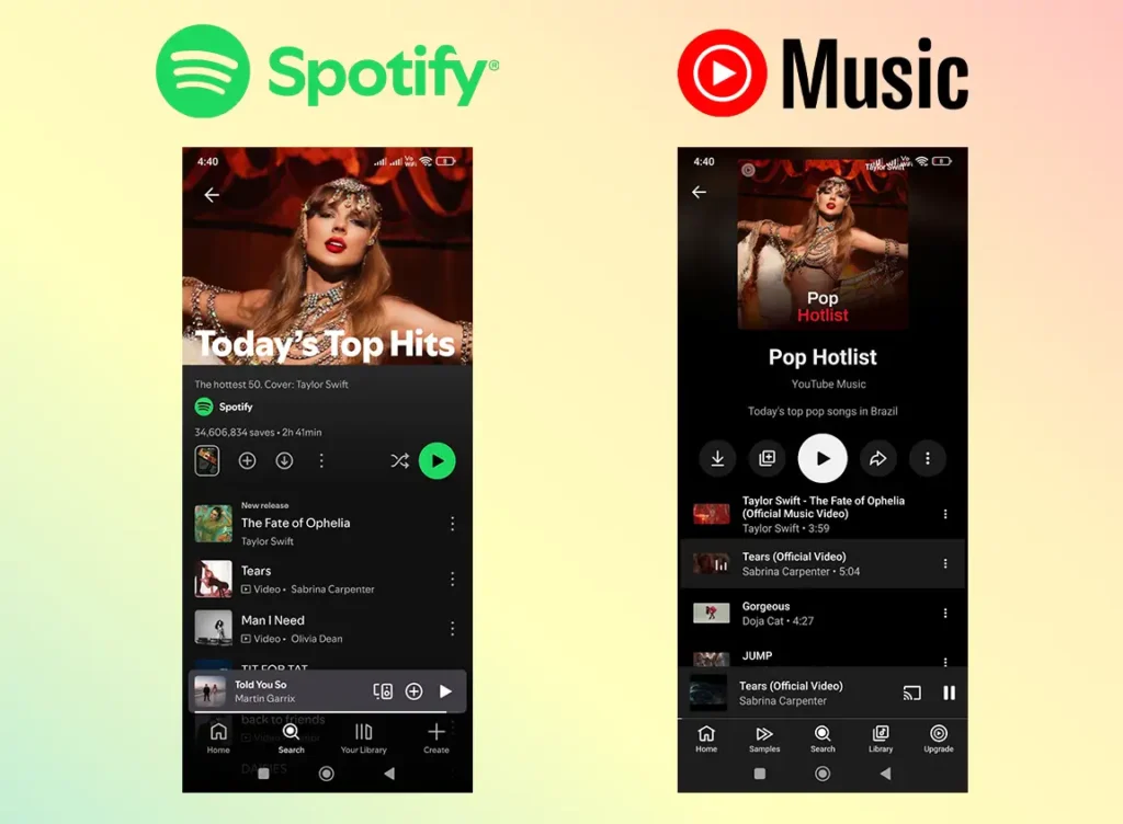 The image compares the user interfaces of Spotify and YouTube Music, with the accompanying text summarizing that Spotify offers a clean, dark-themed design focused on personalized content and social features, while YouTube Music utilizes a familiar YouTube design to emphasize search and the unique ability to switch seamlessly between music and video.