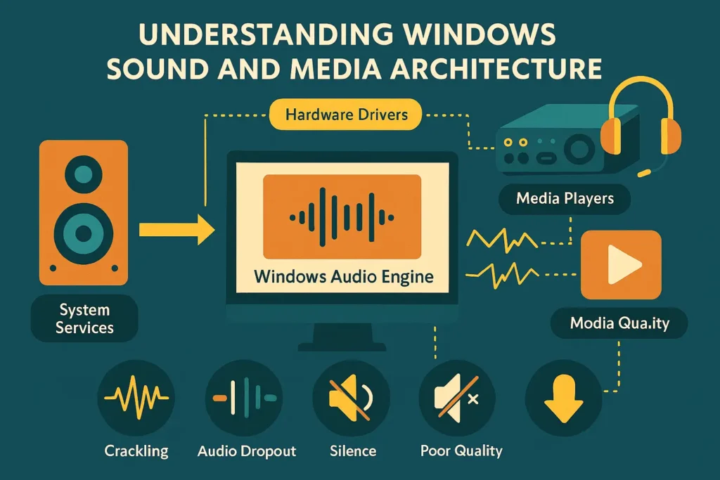 Diagram illustrating Windows sound architecture, showing how hardware drivers, system services, audio enhancements, and media players interact with the Windows Audio Engine and cause issues like crackling, dropouts, silence, or poor quality.