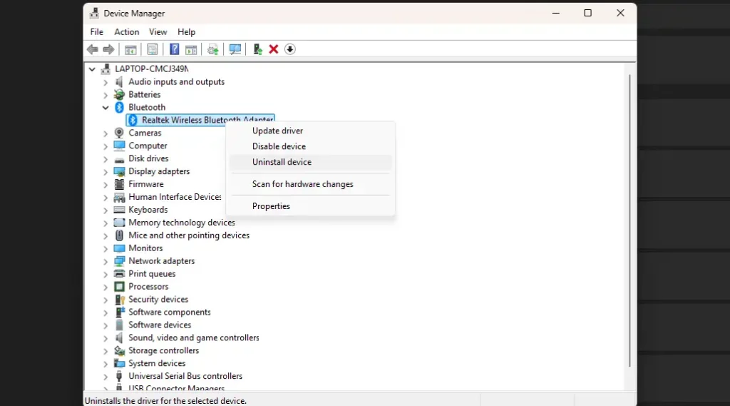Uninstalling Bluetooth adapter on Device Manager
