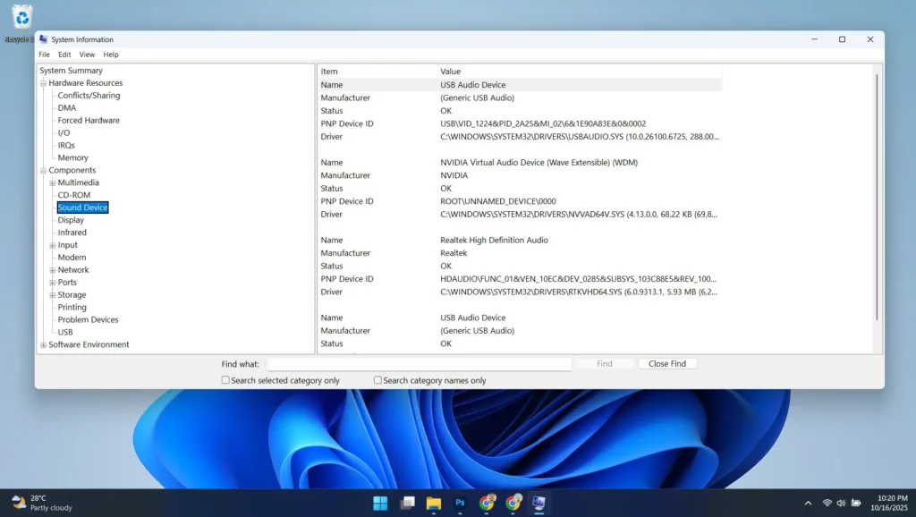 Use System Information (msinfo32) to identify your exact audio hardware specifications, including manufacturer names, model numbers, and current driver versions.