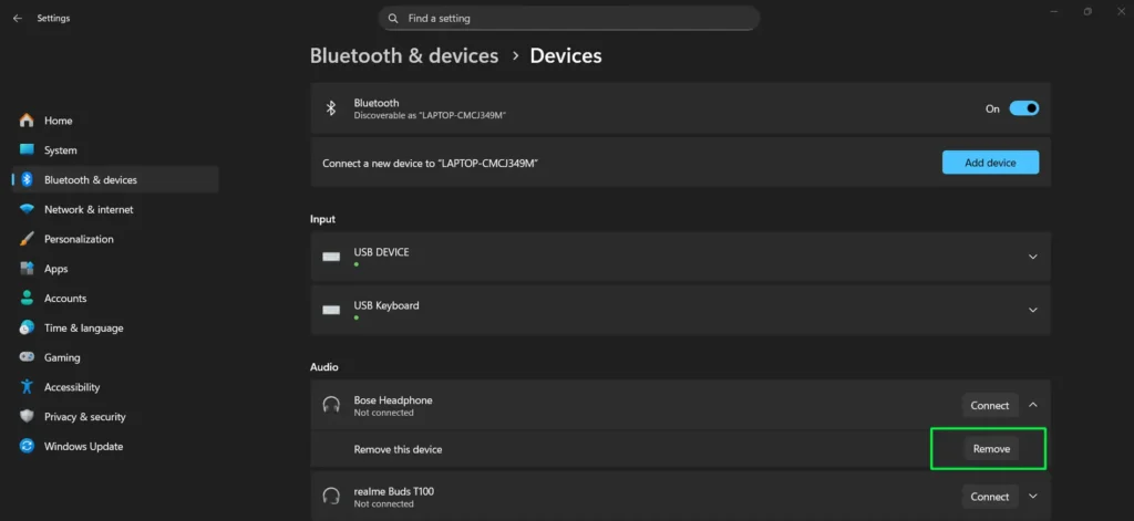 Windows Bluetooth settings screen showing the option to remove an existing Bluetooth device connection.