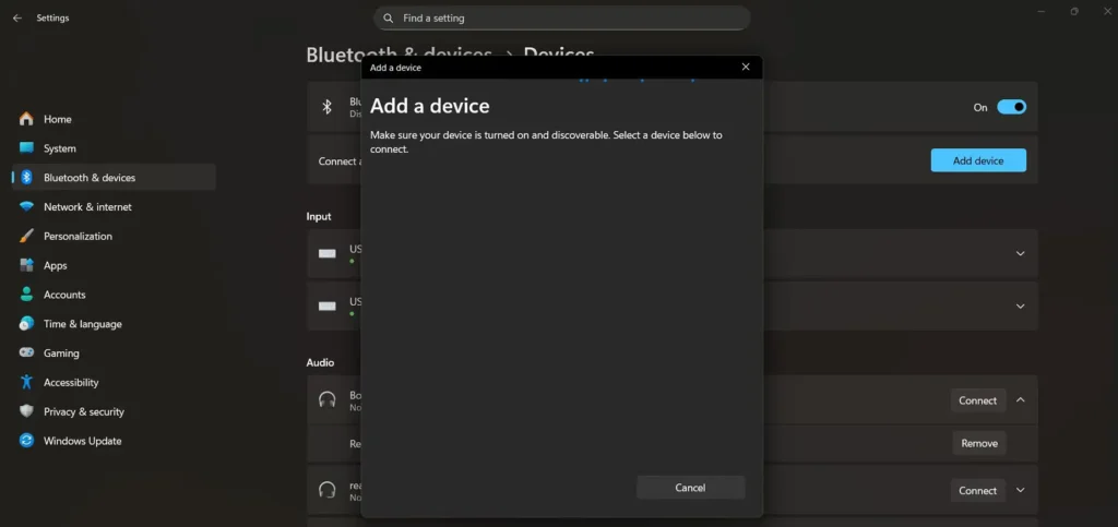 Windows Bluetooth settings showing the 'Add device' window where a user selects Bluetooth and pairs wireless earbuds until the connected confirmation appears.