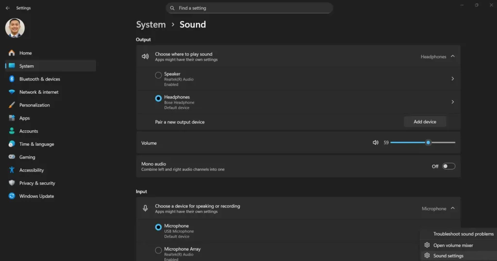 Windows sound settings showing how to open Sound settings from the speaker icon, select Bluetooth earbuds under Output, and access Device properties.