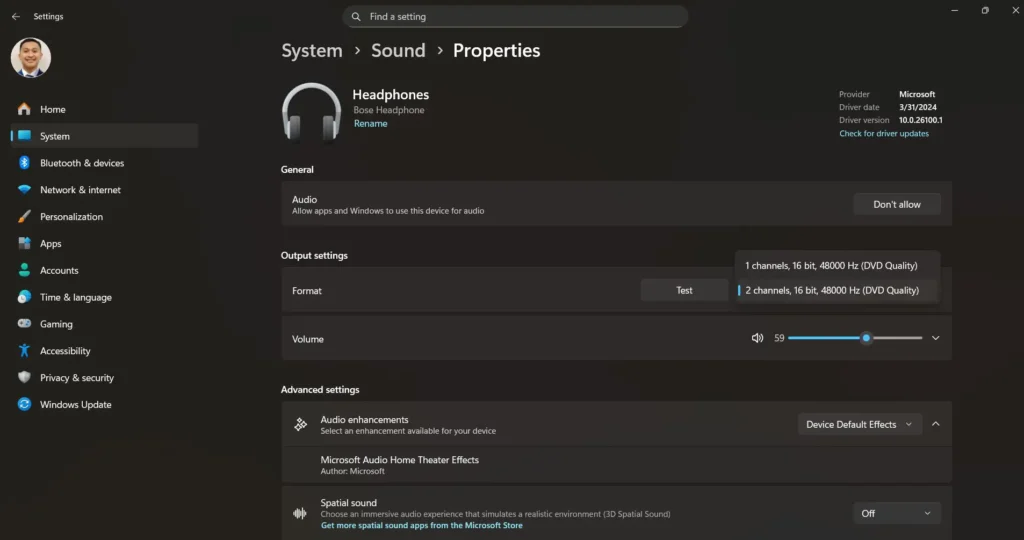 Windows sound settings showing the Advanced tab where users select 2 channel, 16 bit, 48000 Hz (DVD Quality) audio format and apply changes.
