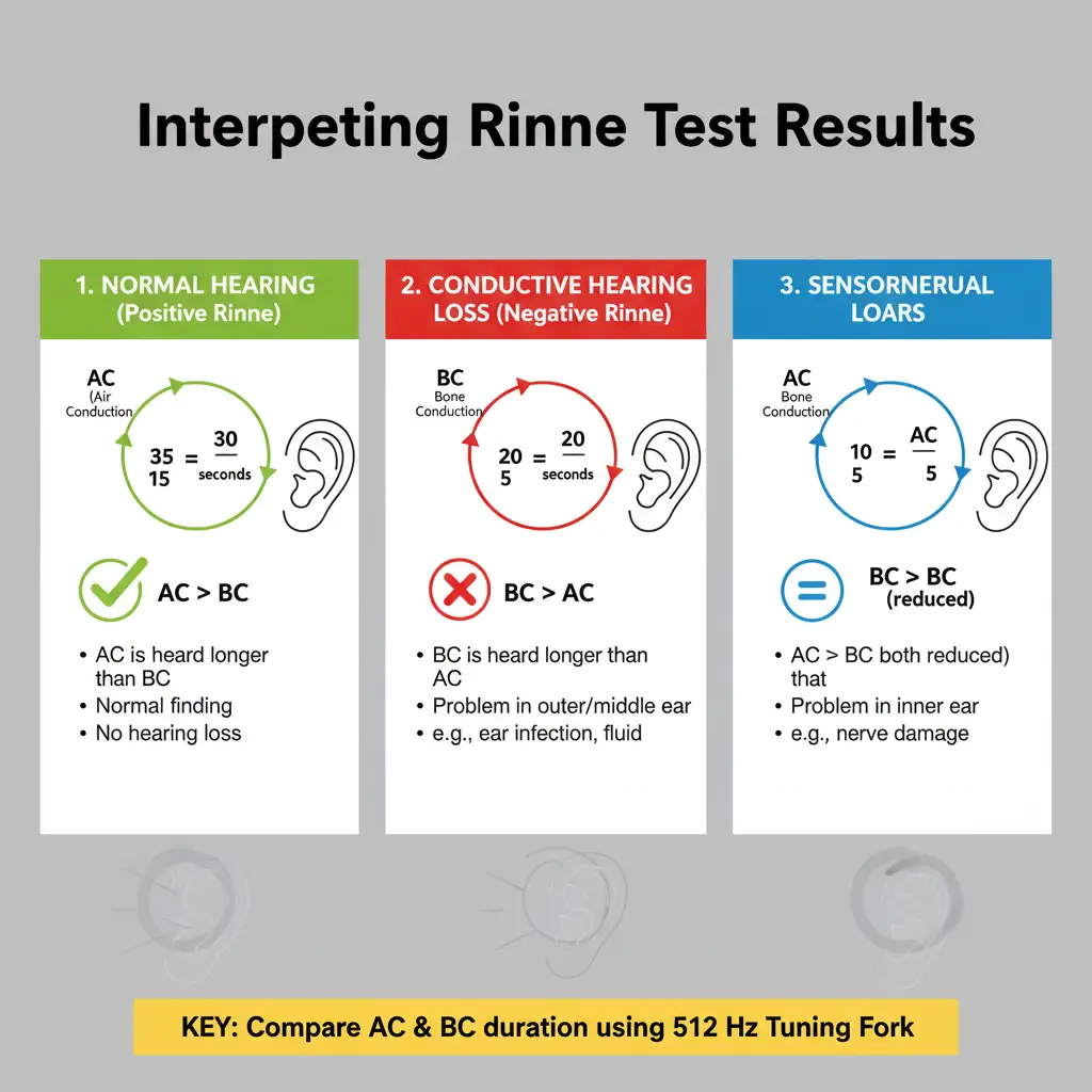 An infographic detailing the interpretation of Rinne Test results, showing expected hearing patterns for normal hearing (AC > BC), conductive hearing loss (BC > AC), and sensorineural hearing loss (reduced AC > BC). The diagram includes a key for comparing air and bone conduction durations using a 512 Hz tuning fork.