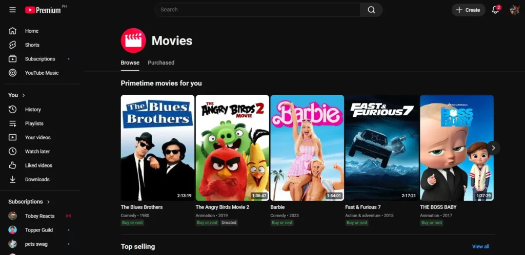 premium content available on YouTube can be purchased or rented