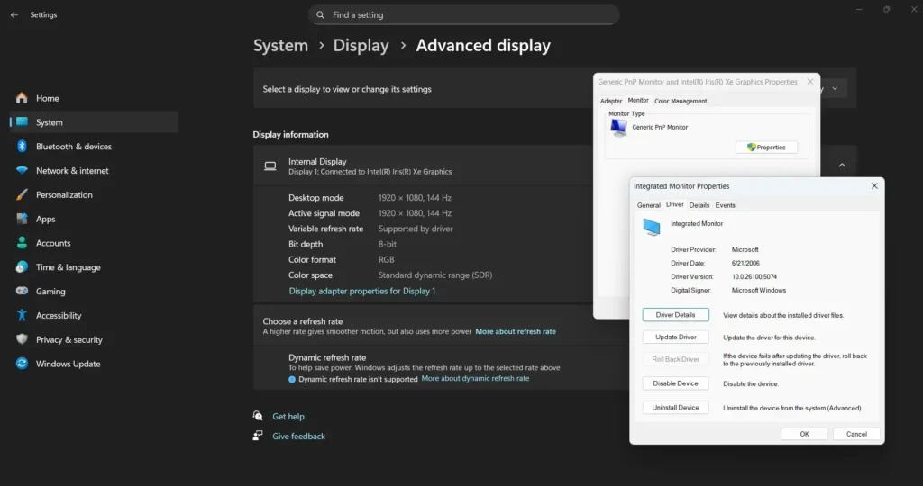 resetting Windows display settings to defaults through Settings - System - Display - Advanced display settings - Display adapter properties - Monitor tab - Properties - Driver tab - Roll Back Driver or Update Driver.