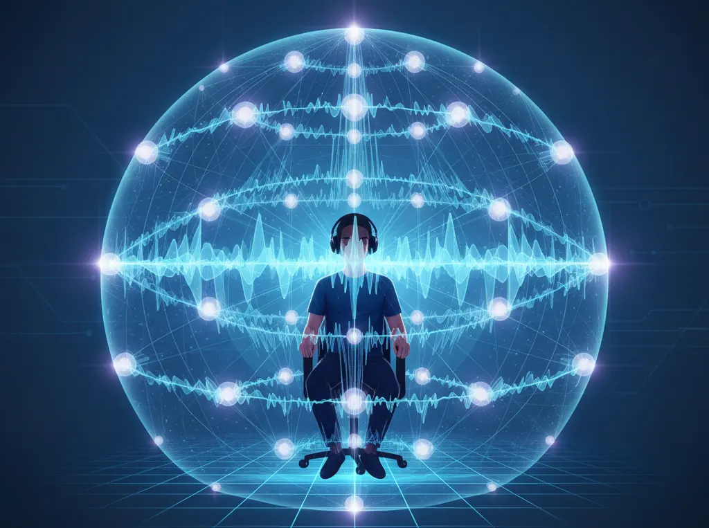 A person wearing headphones is surrounded by a sphere of sound waves and glowing points.