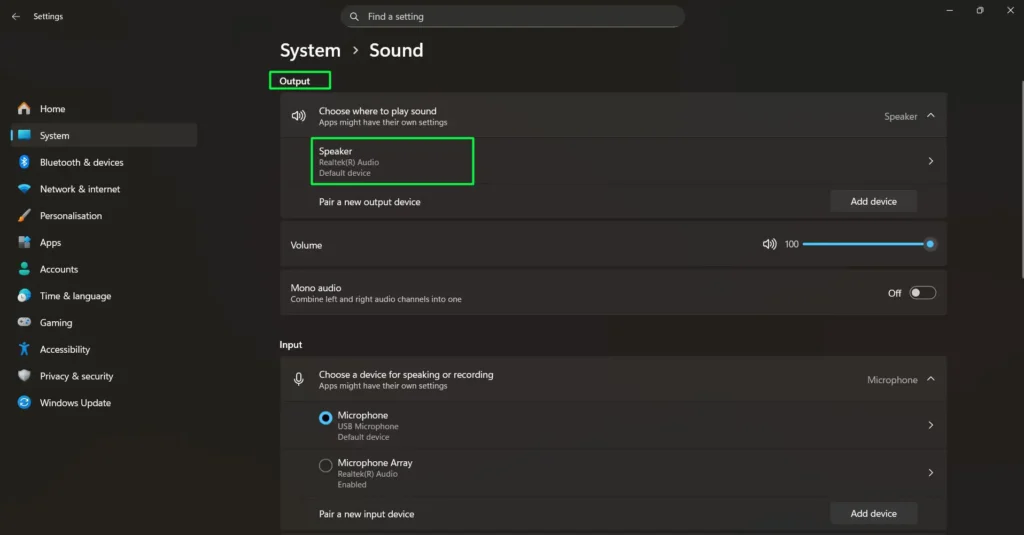 Click on 'Speaker - Default Device'