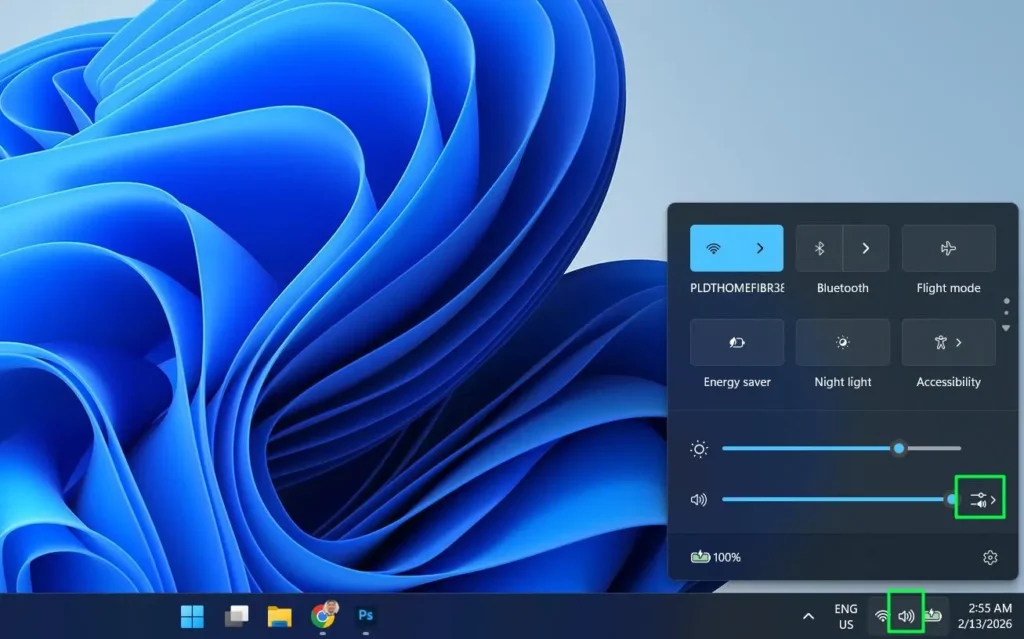 Click on the speaker icon in the system tray and Click on the arrow button next to the volume slider